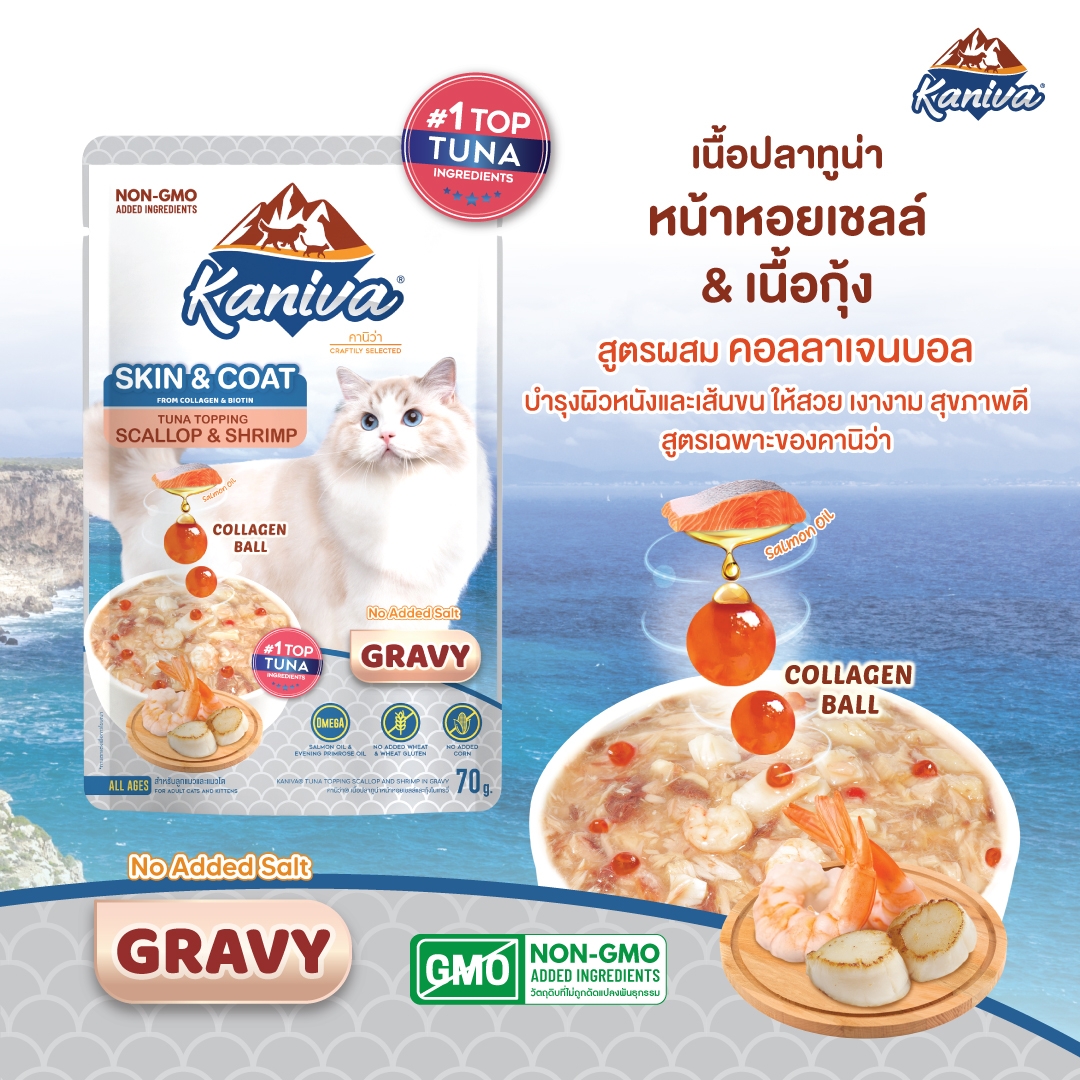 อาหารแมวคานิว่าชนิดเปียก สกินแอนด์โคท สูตรปลาทูน่าหน้าหอยเชลล์และเนื้อกุ้งในน้ำเกรวี่ ผสมคอลลาเจนบอล บำรุงผิวหนังและเส้นขน