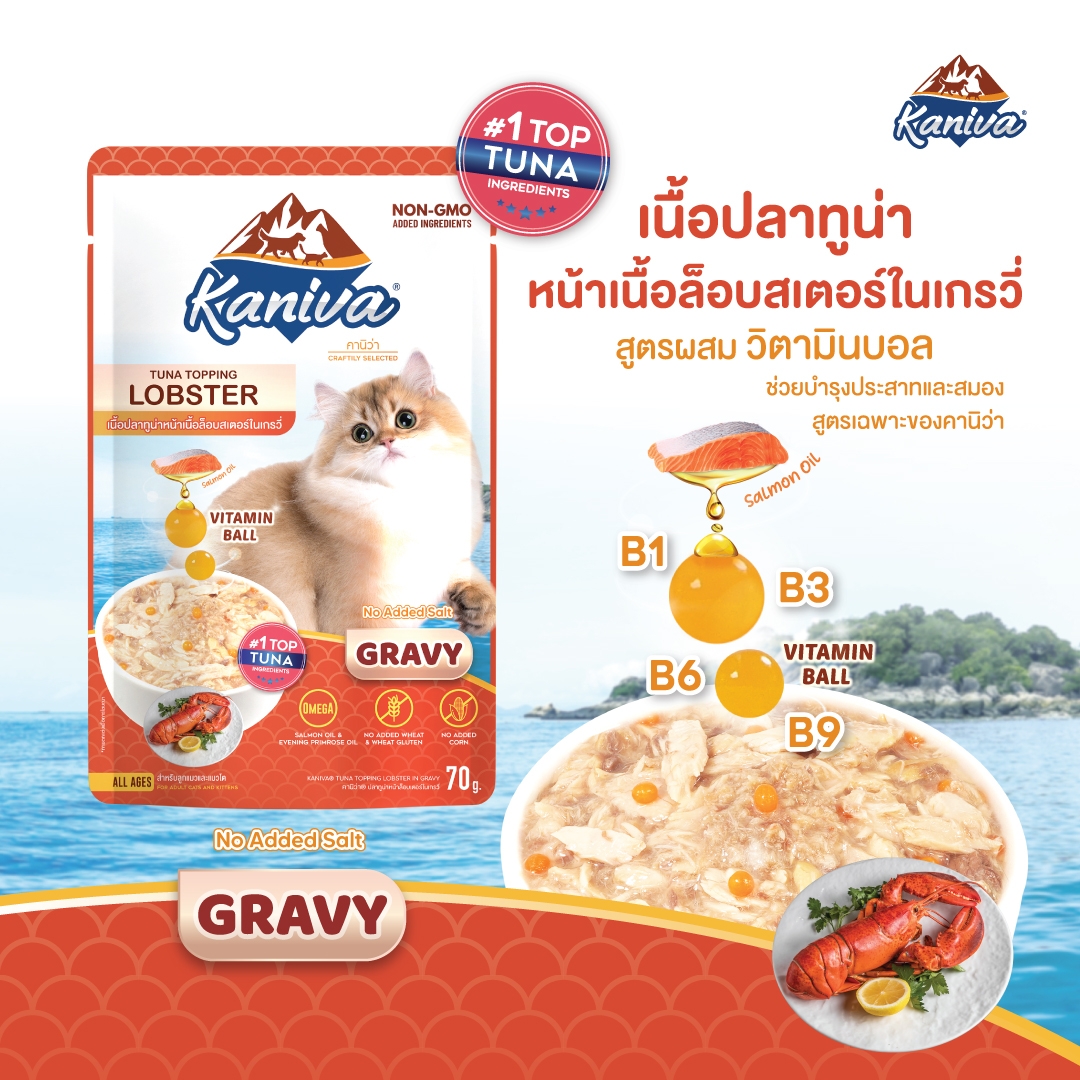 อาหารแมวคานิว่าชนิดเปียก เนื้อปลาทูน่าหน้าเนื้อล็อบสเตอร์ในน้ำเกรวี่ ผสมวิตามินบอล