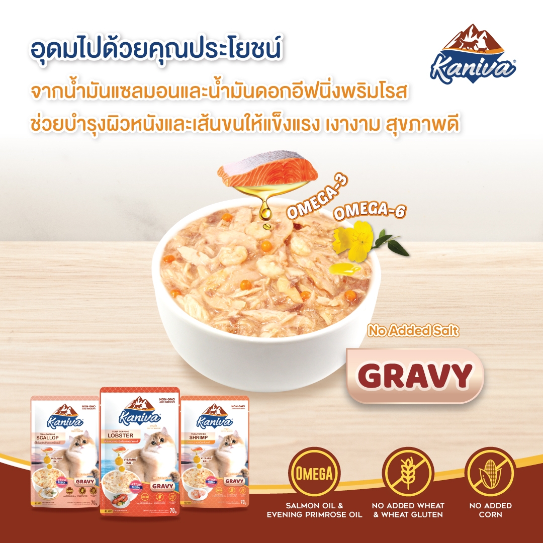 อาหารแมวคานิว่าชนิดเปียก เนื้อปลาทูน่าหน้าเนื้อล็อบสเตอร์ในน้ำเกรวี่ ผสมวิตามินบอล